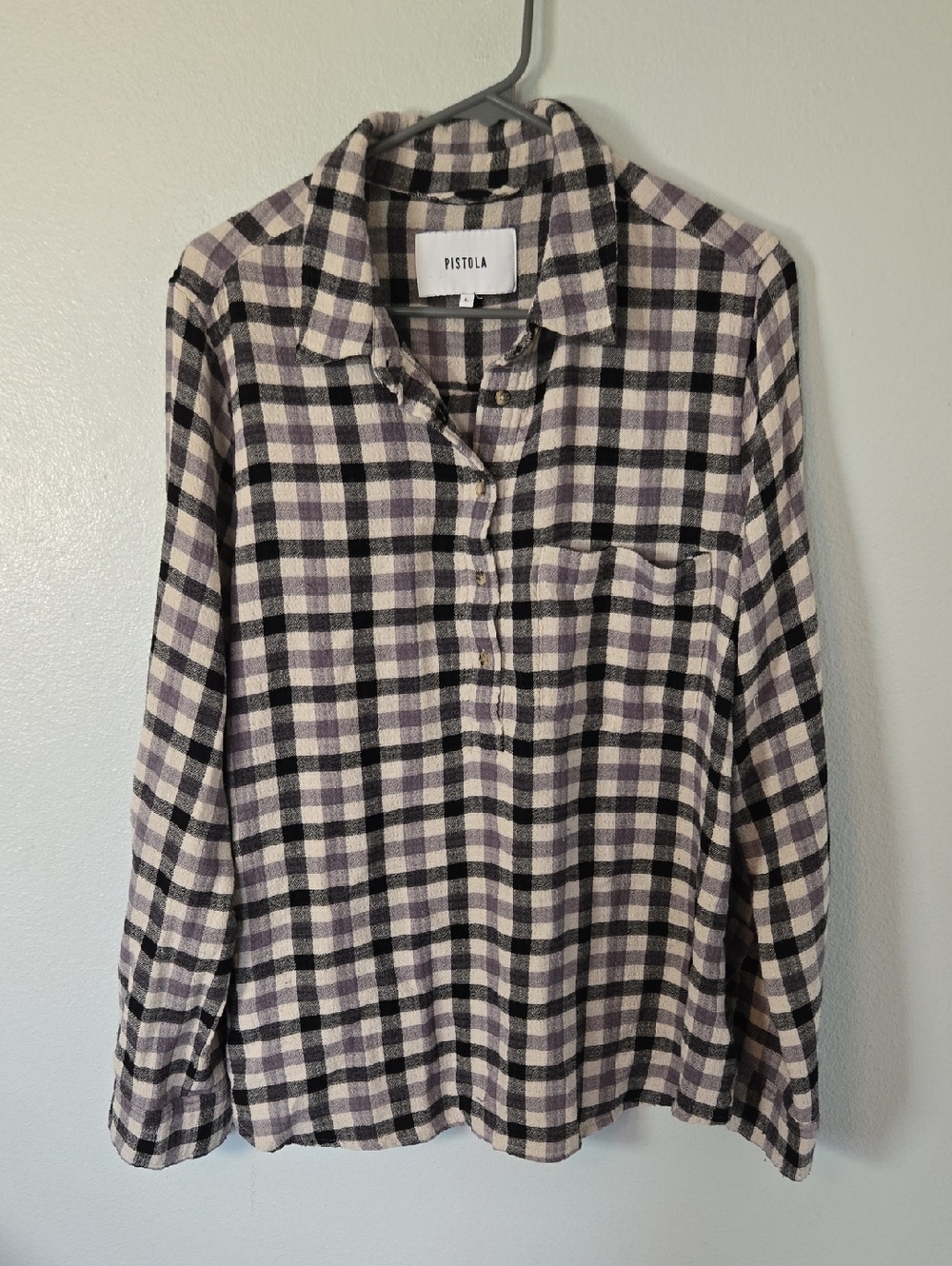 Pistola | Black Plaid Flannel Popover Shirt Size Large